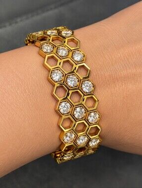 22kgp Dubai Jewelry Gold Honeycomb Bracelet with Clear Crystals - Women Jewelry